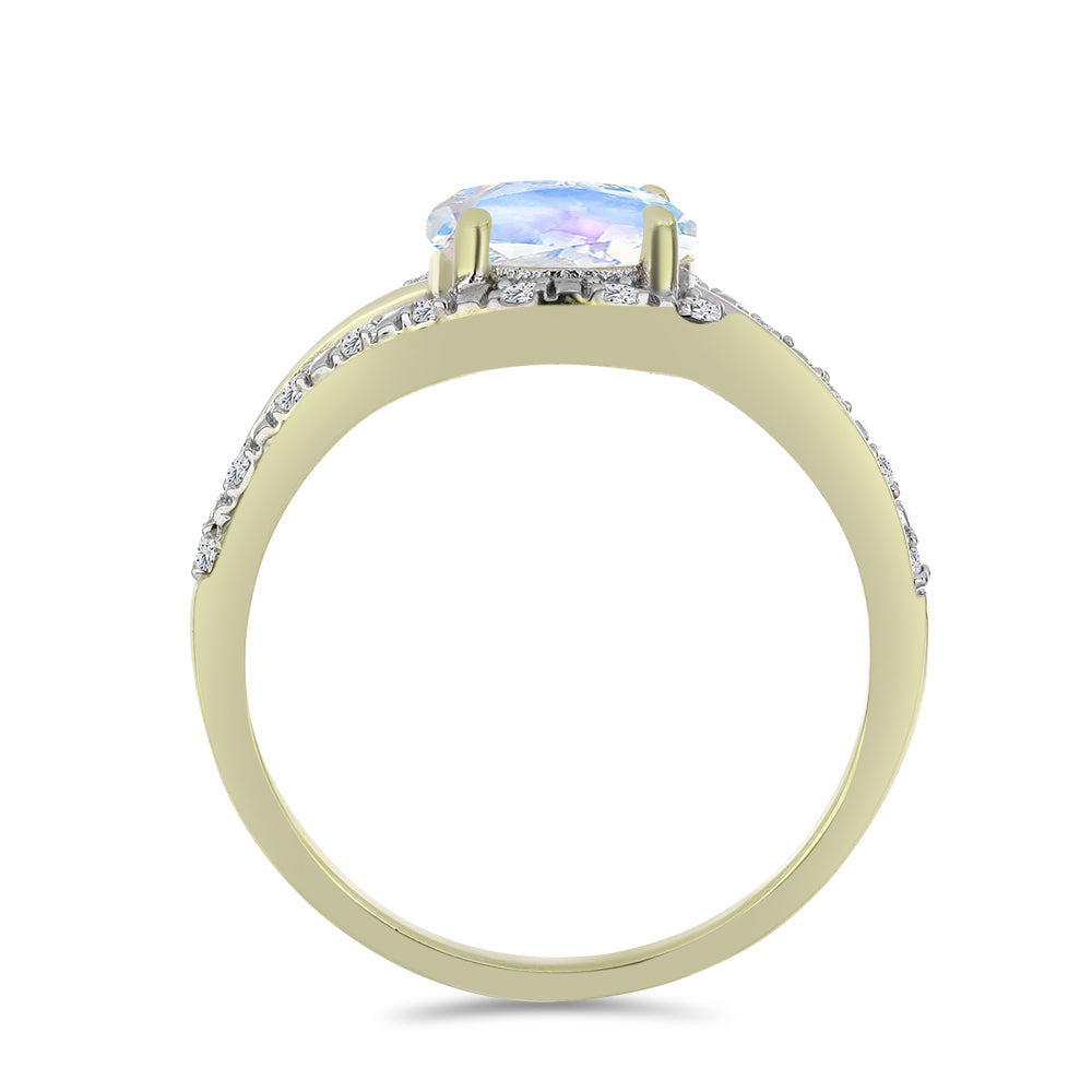 Anillo de Plata Bañada en Oro con Piedra Lunar Arco Iris y Topacio Blanco 4 