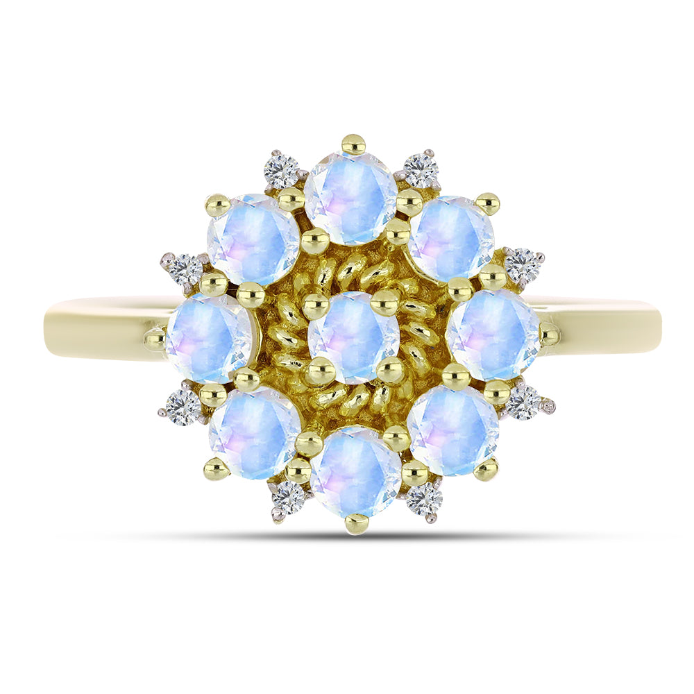 Anillo de Plata Bañada en Oro con Piedra Lunar Arco Iris y Topacio Blanco
