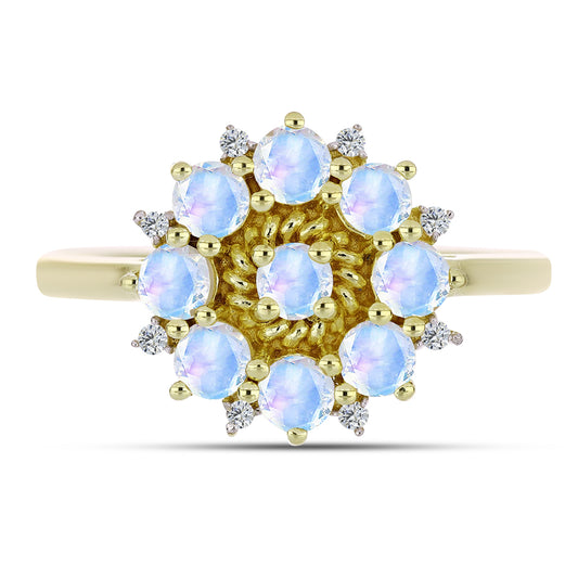 Anillo de Plata Bañada en Oro con Piedra Lunar Arco Iris y Topacio Blanco