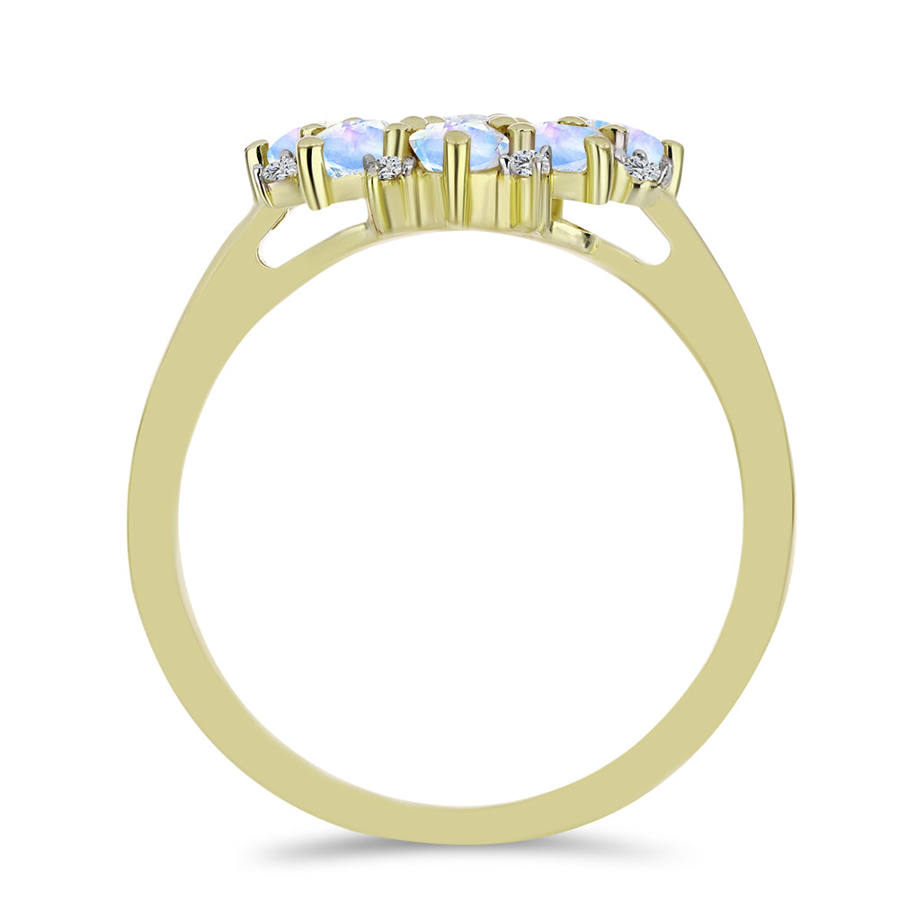 Anillo de Plata Bañada en Oro con Piedra Lunar Arco Iris y Topacio Blanco