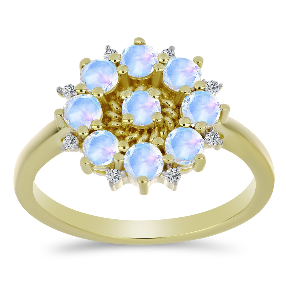 Anillo de Plata Bañada en Oro con Piedra Lunar Arco Iris y Topacio Blanco 3 