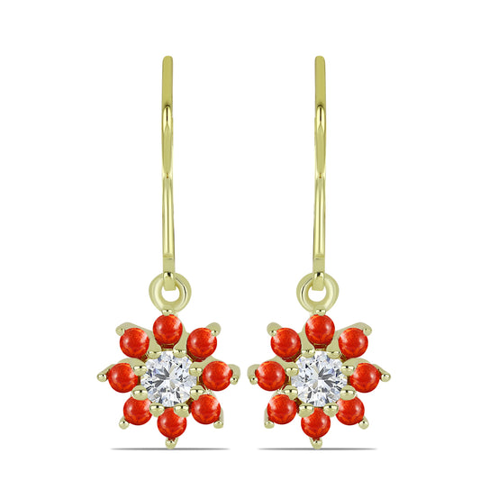 Pendientes de Plata Bañada en Oro con Coral de Esponja Roja y Topacio Blanco