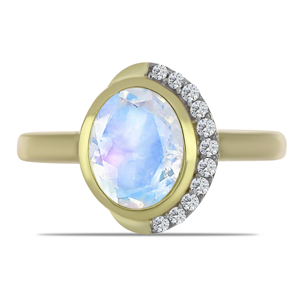 Anillo de Plata Bañada en Oro con Piedra Lunar Arco Iris y Topacio Blanco