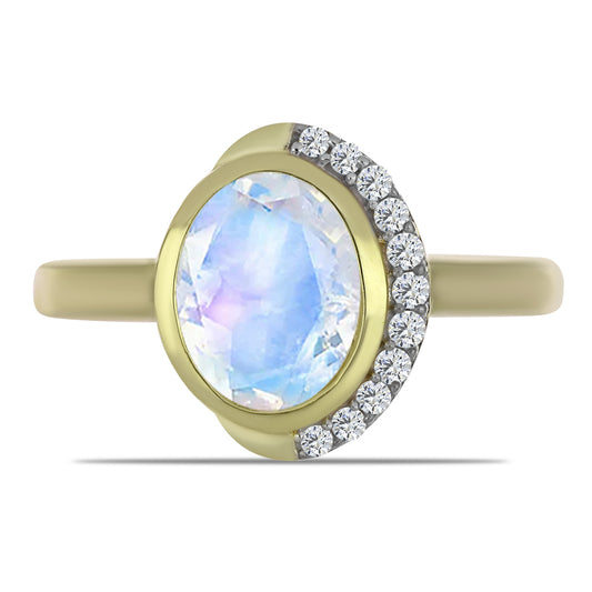 Anillo de Plata Bañada en Oro con Piedra Lunar Arco Iris y Topacio Blanco