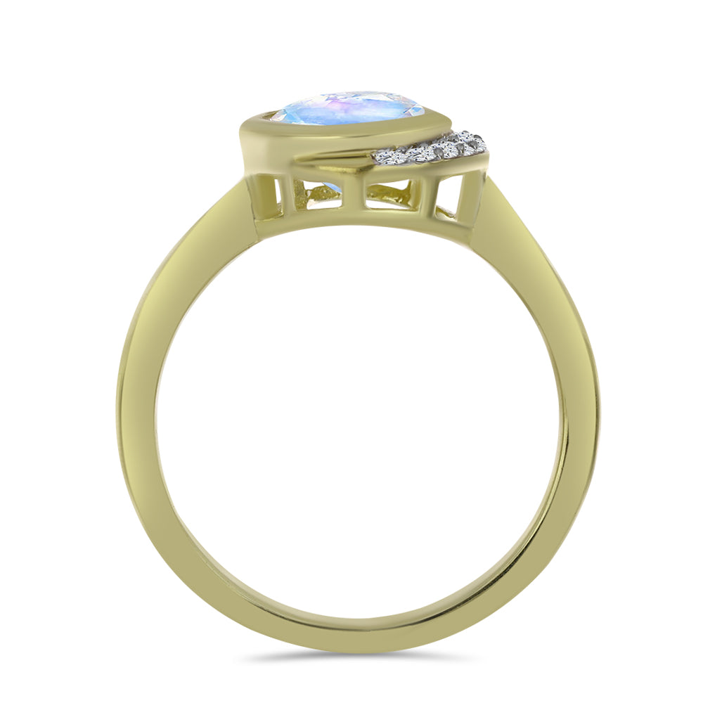 Anillo de Plata Bañada en Oro con Piedra Lunar Arco Iris y Topacio Blanco