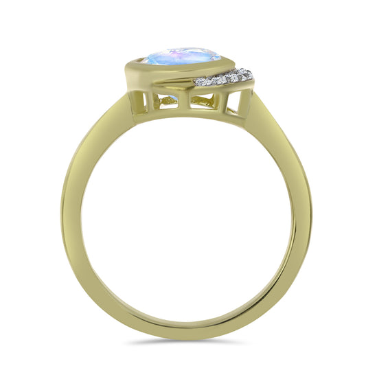 Anillo de Plata Bañada en Oro con Piedra Lunar Arco Iris y Topacio Blanco