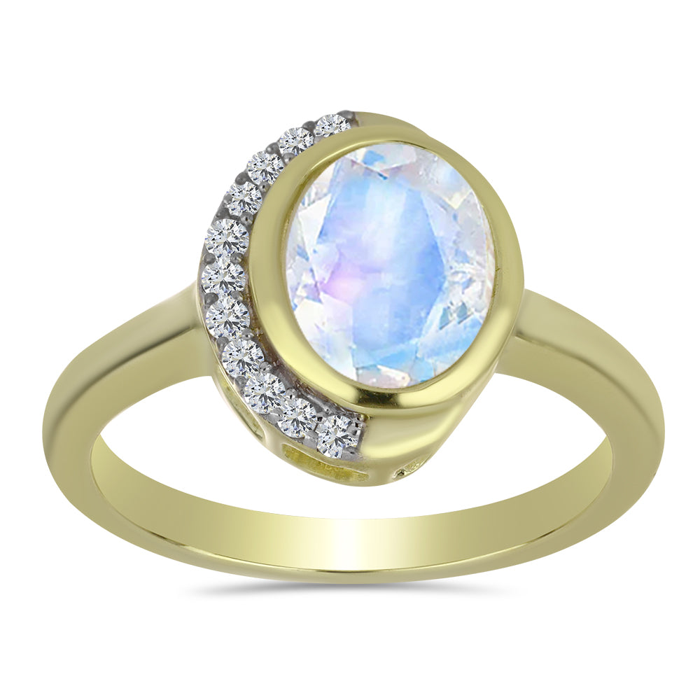 Anillo de Plata Bañada en Oro con Piedra Lunar Arco Iris y Topacio Blanco