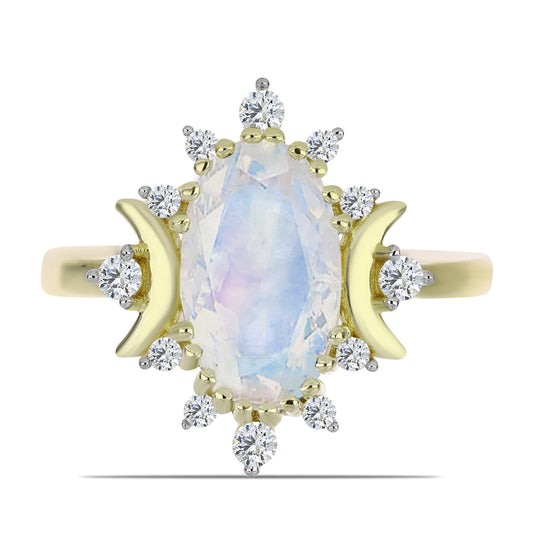Anillo de Plata Bañada en Oro con Piedra Lunar Arco Iris y Topacio Blanco