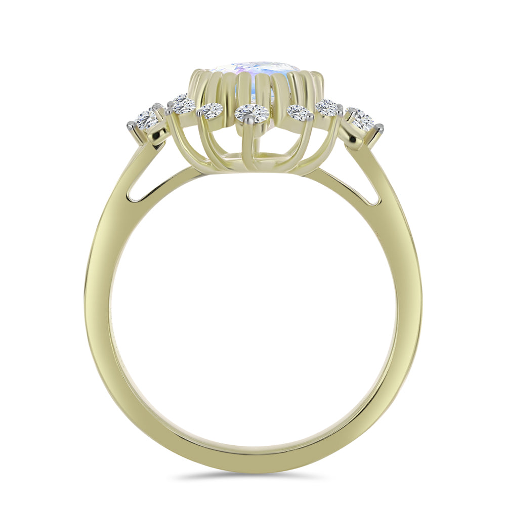 Anillo de Plata Bañada en Oro con Piedra Lunar Arco Iris y Topacio Blanco
