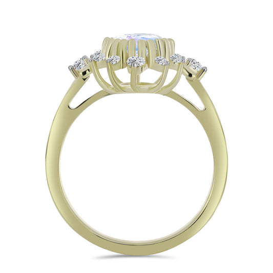 Anillo de Plata Bañada en Oro con Piedra Lunar Arco Iris y Topacio Blanco