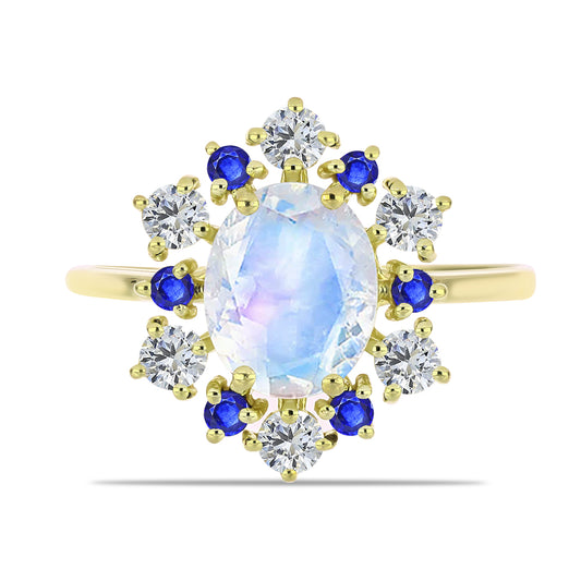 Anillo de Plata Bañada en Oro con Piedra Lunar Arco Iris y Zafiro Azul Australiano
