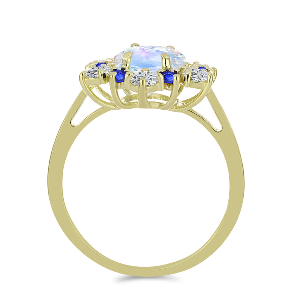 Anillo de Plata Bañada en Oro con Piedra Lunar Arco Iris y Zafiro Azul Australiano 2 