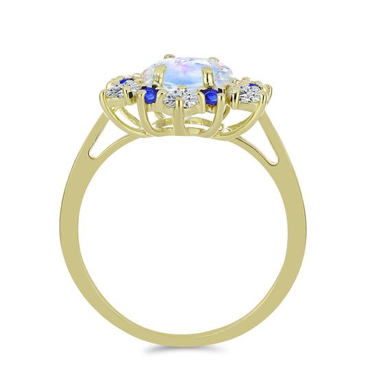 Anillo de Plata Bañada en Oro con Piedra Lunar Arco Iris y Zafiro Azul Australiano