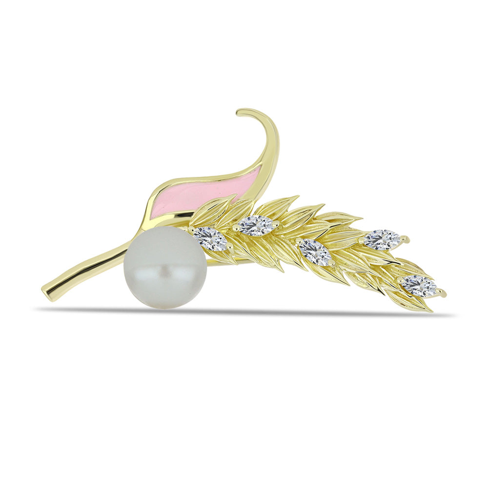 Broche de Plata Bañada en Oro con Perla blanca de agua dulce y Topacio Blanco 1 