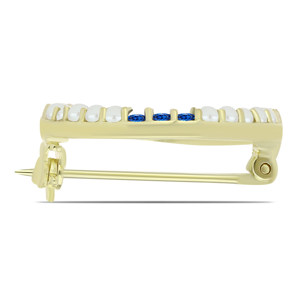 Broche de Plata Bañada en Oro con Perla blanca de agua dulce y Zafiro Azul Australiano