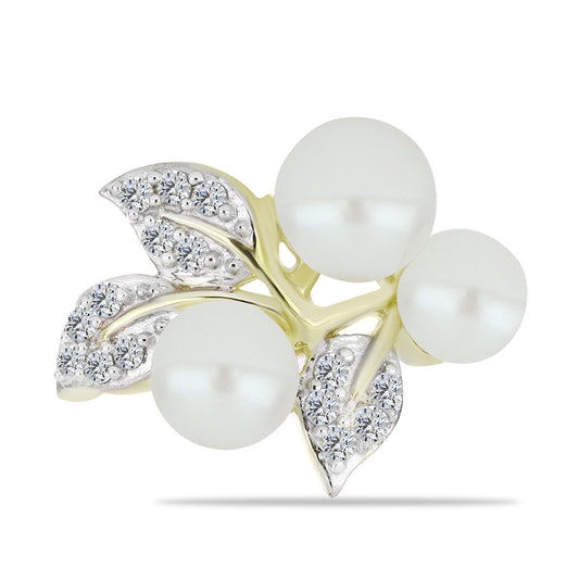 Anillo de Plata Bañada en Oro con Perla blanca de agua dulce y Topacio Blanco