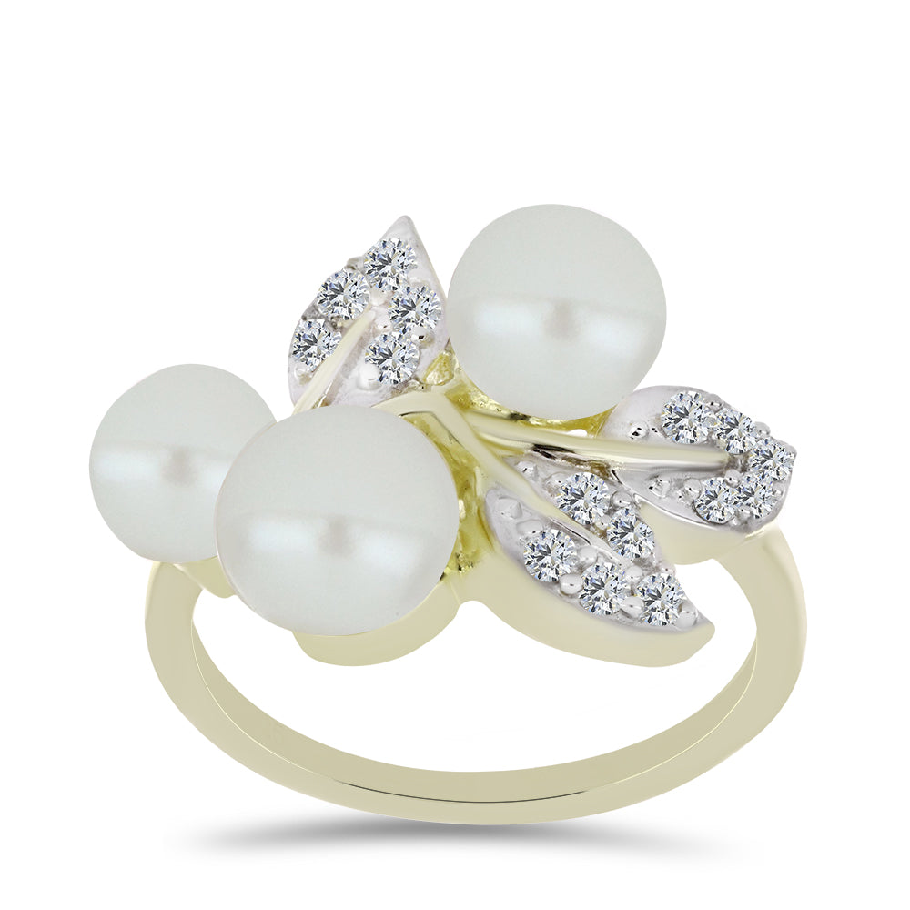 Anillo de Plata Bañada en Oro con Perla blanca de agua dulce y Topacio Blanco