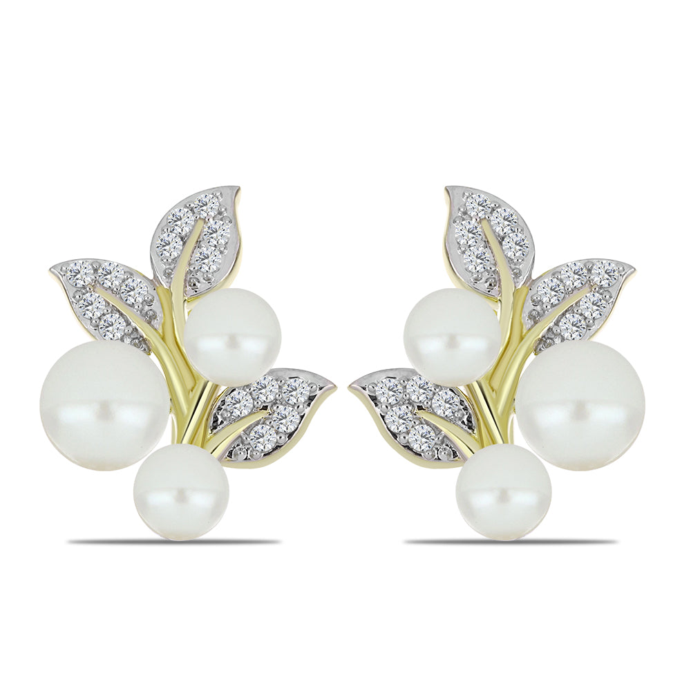 Pendientes de Plata Bañada en Oro con Perla blanca de agua dulce y Topacio Blanco