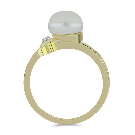 Anillo de Plata Bañada en Oro con Perla blanca de agua dulce y Topacio Blanco
