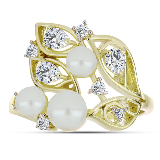 Anillo de Plata Bañada en Oro con Perla blanca de agua dulce y Topacio Blanco