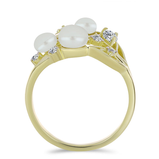 Anillo de Plata Bañada en Oro con Perla blanca de agua dulce y Topacio Blanco