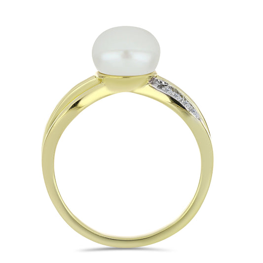 Anillo de Plata Bañada en Oro con Perla blanca de agua dulce y Topacio Blanco