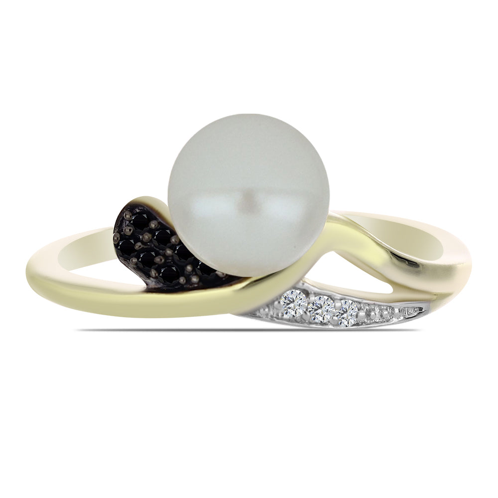 Anillo de Plata Bañada en Oro con Perla blanca de agua dulce y Espinela Negra 1 