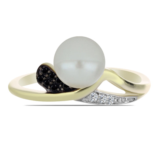 Anillo de Plata Bañada en Oro con Perla blanca de agua dulce y Espinela Negra