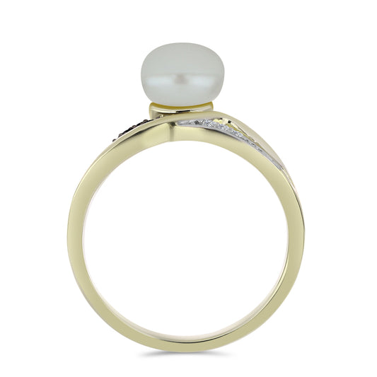 Anillo de Plata Bañada en Oro con Perla blanca de agua dulce y Espinela Negra