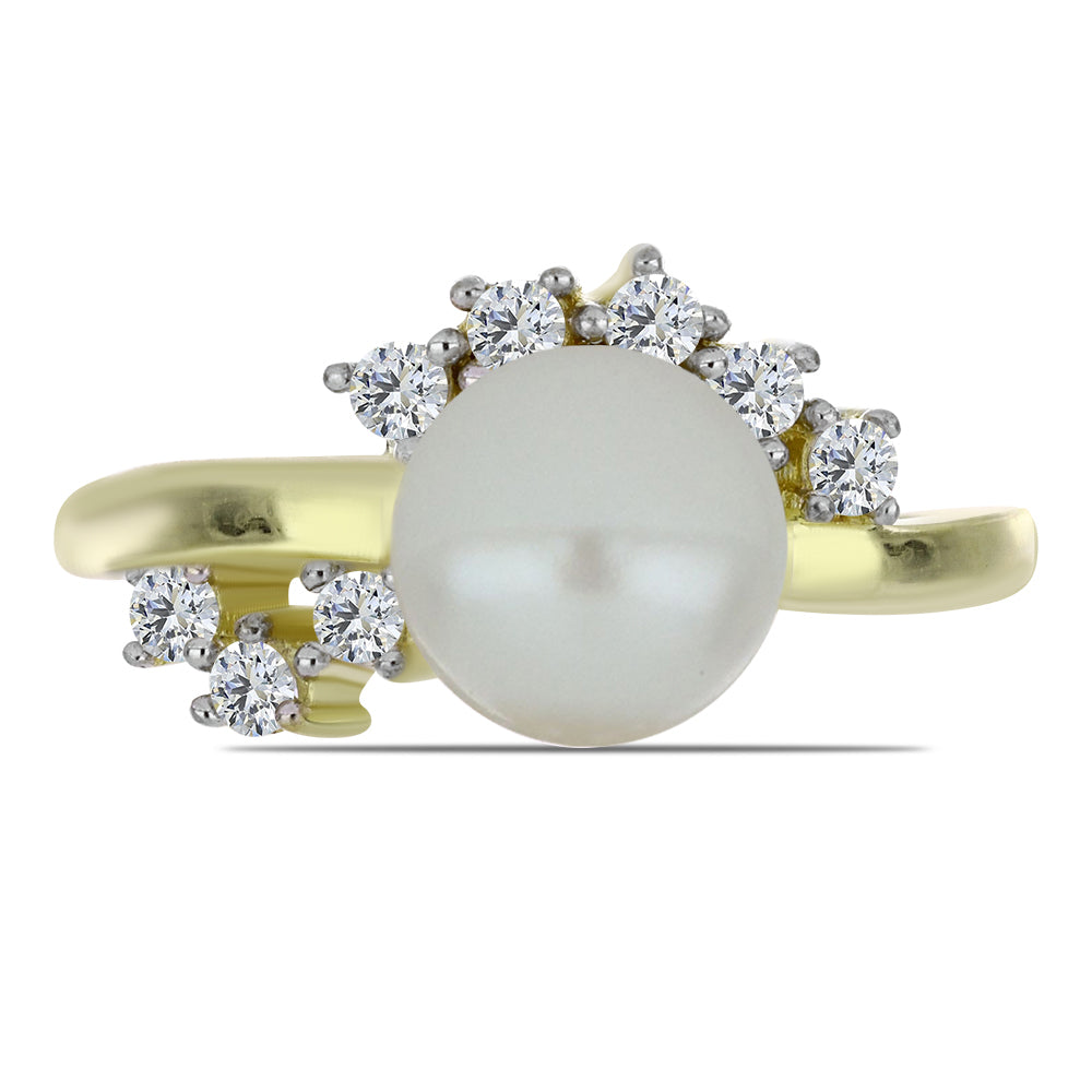 Anillo de Plata Bañada en Oro con Perla blanca de agua dulce y Topacio Blanco