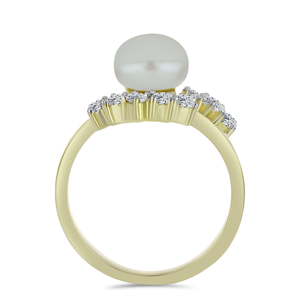 Anillo de Plata Bañada en Oro con Perla blanca de agua dulce y Topacio Blanco 2 