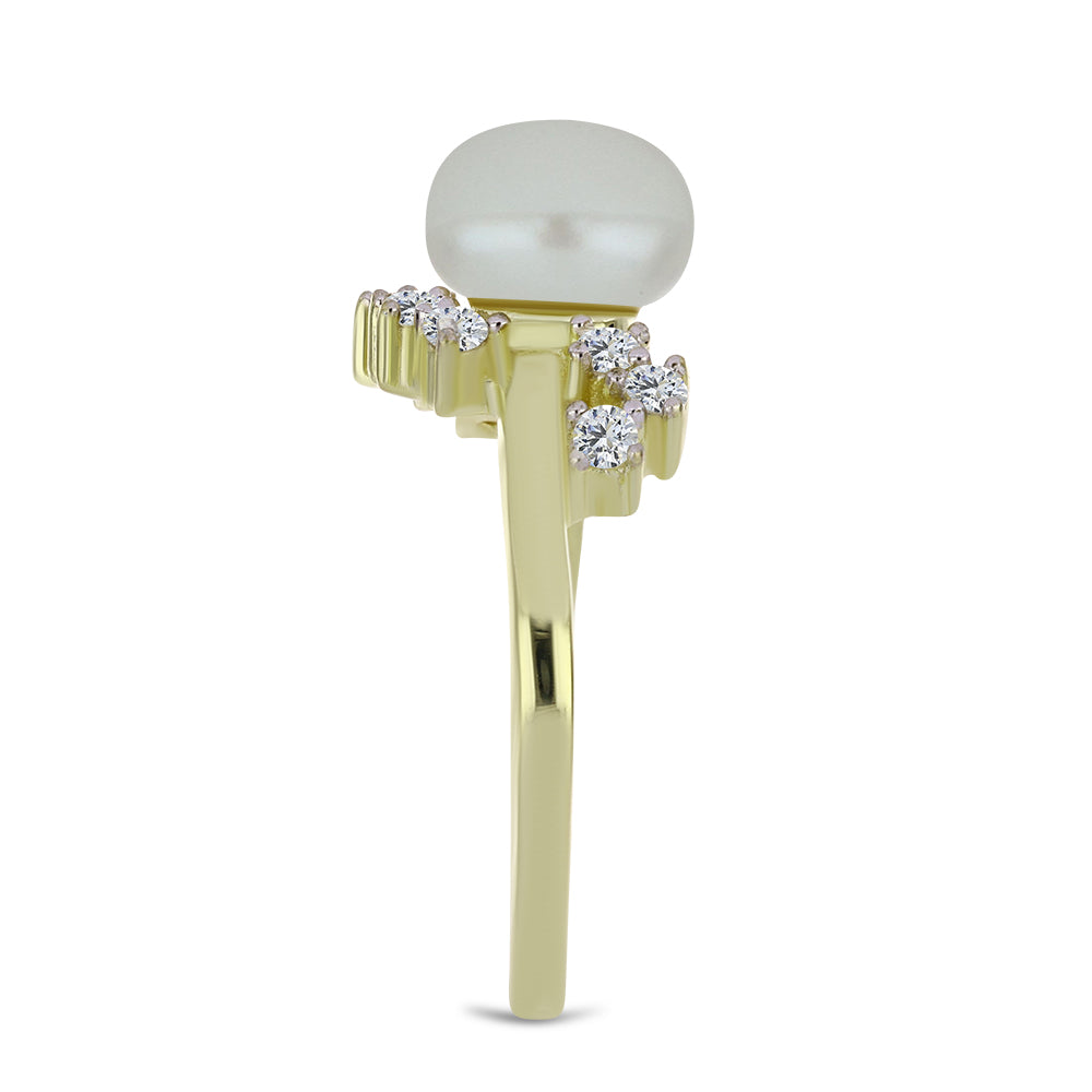 Anillo de Plata Bañada en Oro con Perla blanca de agua dulce y Topacio Blanco 4 