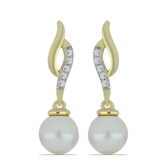 Pendientes de Plata Bañada en Oro con Perla blanca de agua dulce y Topacio Blanco