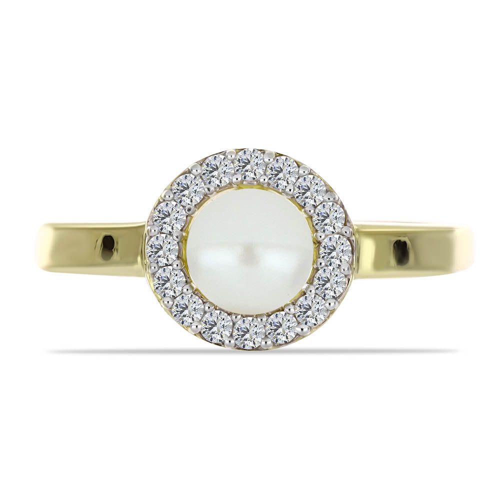 Anillo de Plata Bañada en Oro con Perla blanca de agua dulce y Topacio Blanco