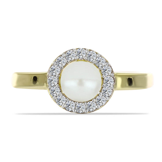 Anillo de Plata Bañada en Oro con Perla blanca de agua dulce y Topacio Blanco