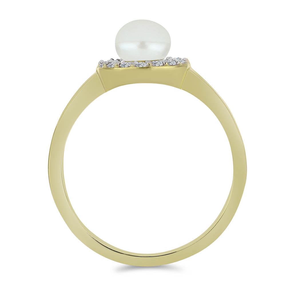 Anillo de Plata Bañada en Oro con Perla blanca de agua dulce y Topacio Blanco
