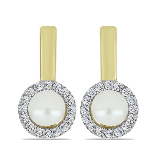 Pendientes de Plata Bañada en Oro con Perla blanca de agua dulce y Topacio Blanco