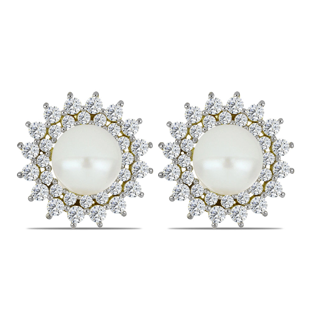 Pendientes de Plata Bañada en Oro con Perla blanca de agua dulce y Topacio Blanco