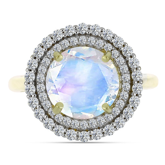 Anillo de Plata Bañada en Oro con Piedra Lunar Arco Iris y Aguamarina