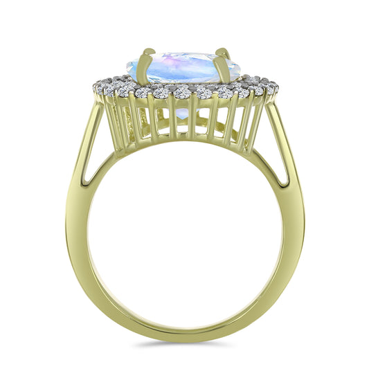 Anillo de Plata Bañada en Oro con Piedra Lunar Arco Iris y Aguamarina