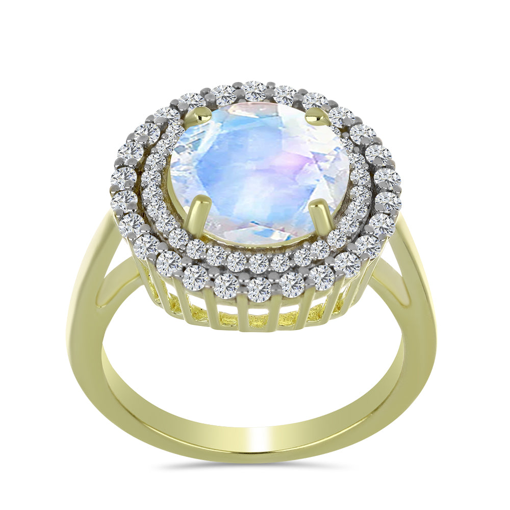 Anillo de Plata Bañada en Oro con Piedra Lunar Arco Iris y Aguamarina 3 