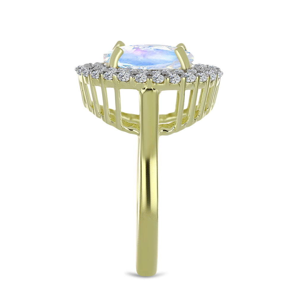 Anillo de Plata Bañada en Oro con Piedra Lunar Arco Iris y Aguamarina 4 
