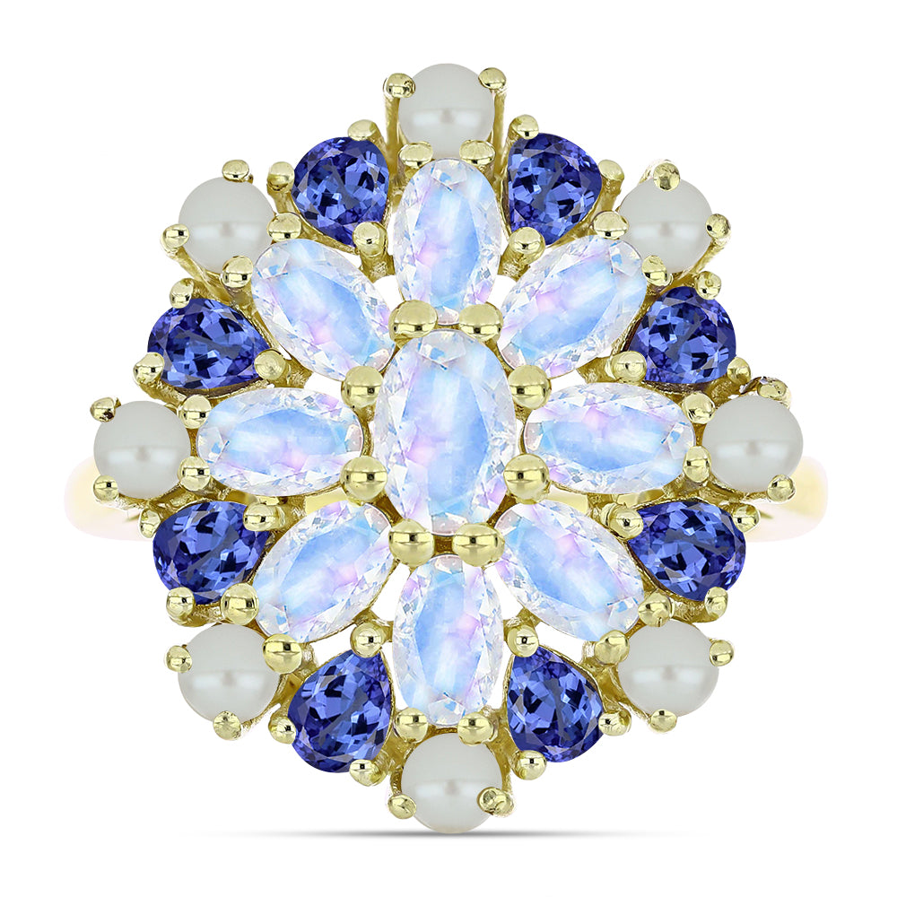 Anillo de Plata Bañada en Oro con Perla blanca de agua dulce y Tanzanita