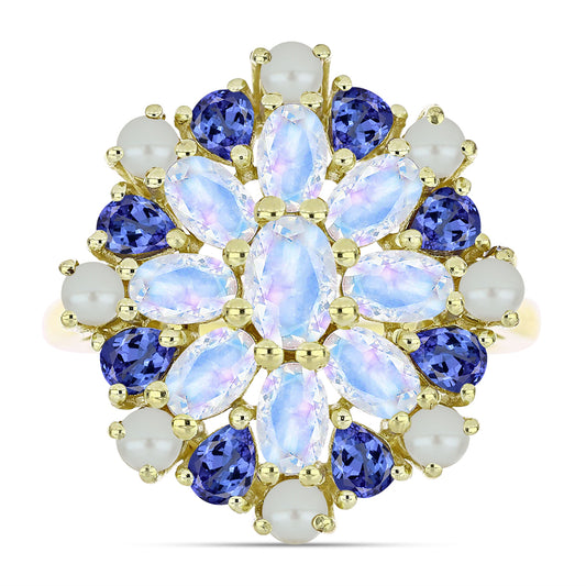 Anillo de Plata Bañada en Oro con Perla blanca de agua dulce y Tanzanita