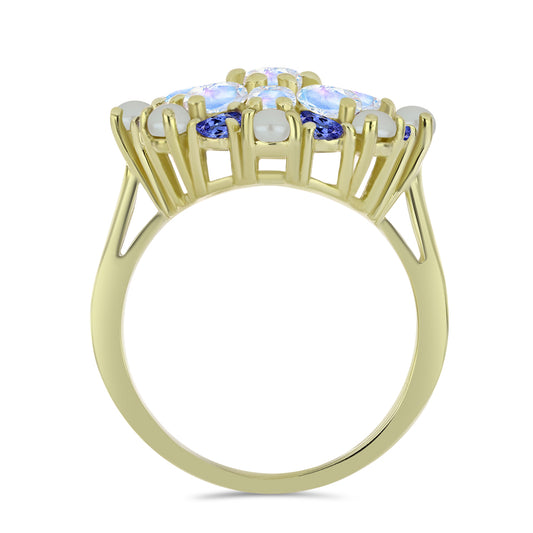 Anillo de Plata Bañada en Oro con Perla blanca de agua dulce y Tanzanita