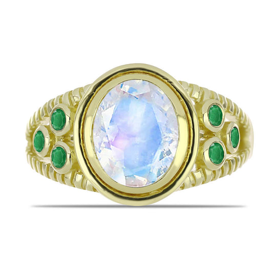 Anillo de Plata Bañada en Oro con Piedra Lunar Arco Iris y Esmeralda de Brasil