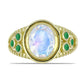 Anillo de Plata Bañada en Oro con Piedra Lunar Arco Iris y Esmeralda de Brasil