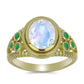 Anillo de Plata Bañada en Oro con Piedra Lunar Arco Iris y Esmeralda de Brasil