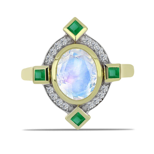 Anillo de Plata Bañada en Oro con Piedra Lunar Arco Iris y Esmeralda de Brasil