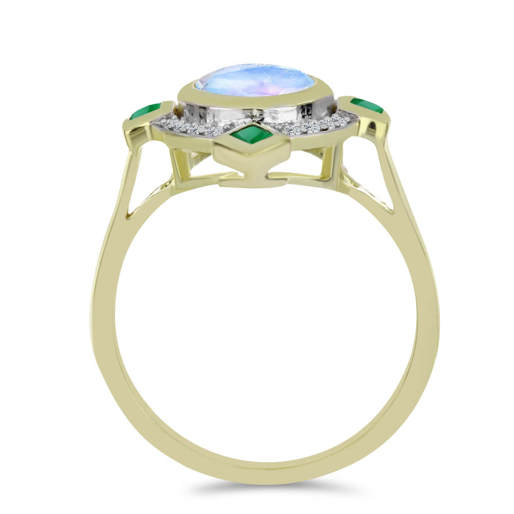 Anillo de Plata Bañada en Oro con Piedra Lunar Arco Iris y Esmeralda de Brasil